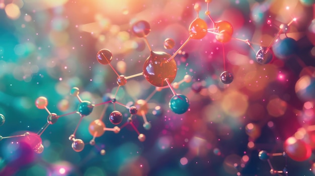 Ultradetailed pharmacological landscape showcasing futuristic chemical structures and medical molecules in a closeup view vibrant colors