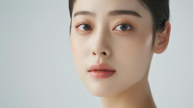 Ultradetailed ultrarealistic 8K image of a young Asian woman with perfect dewy skin emphasizi