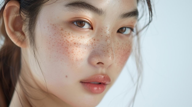 Ultradetailed ultrarealistic 8K image of a young Asian woman with perfect dewy skin emphasizi