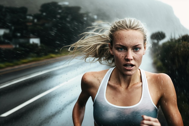 Ultradistance runner woman with gesture of effort during a sprint AI generated