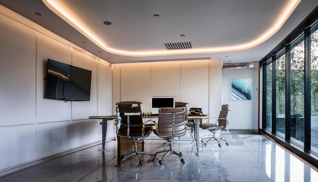 UltraLuxurious Small MD Office Interior with Fluidic Architecture Seamless Micro Cement Flooring and Curved False Ceiling