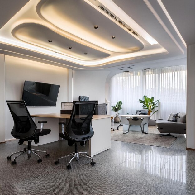 UltraLuxurious Small MD Office Interior with Fluidic Architecture Seamless Micro Cement Flooring and Curved False Ceiling