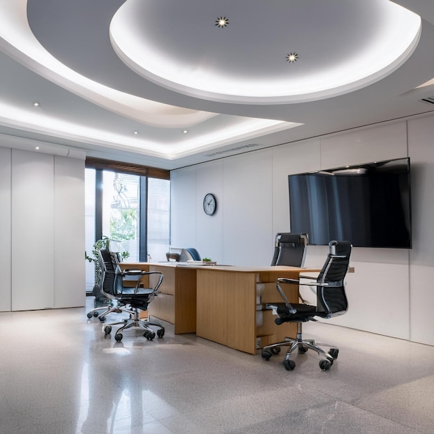 UltraLuxurious Small MD Office Interior with Fluidic Architecture Seamless Micro Cement Flooring and Curved False Ceiling