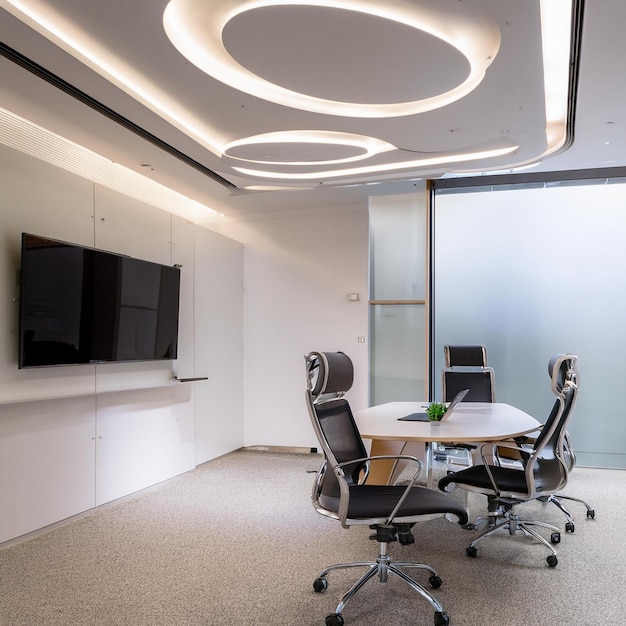 UltraLuxurious Small MD Office Interior with Fluidic Architecture Seamless Micro Cement Flooring and Curved False Ceiling