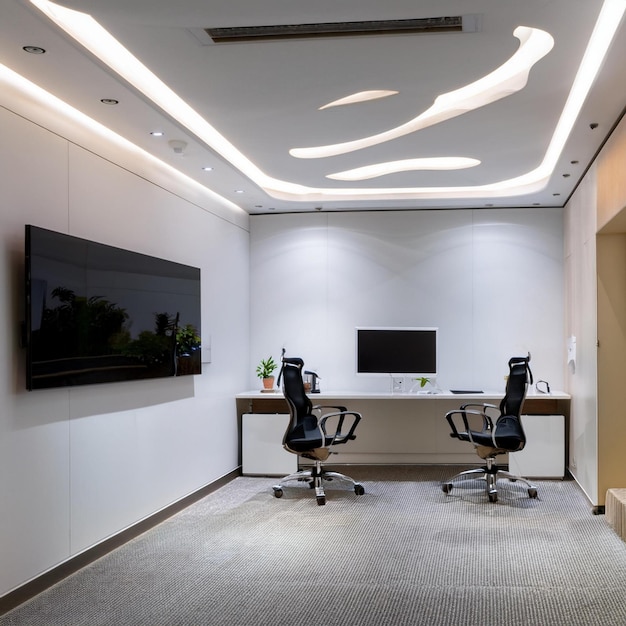 UltraLuxurious Small MD Office Interior with Fluidic Architecture Seamless Micro Cement Flooring and Curved False Ceiling