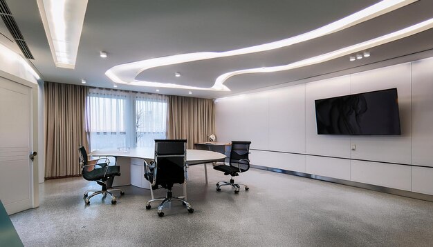 UltraLuxurious Small MD Office Interior with Fluidic Architecture Seamless Micro Cement Flooring and Curved False Ceiling