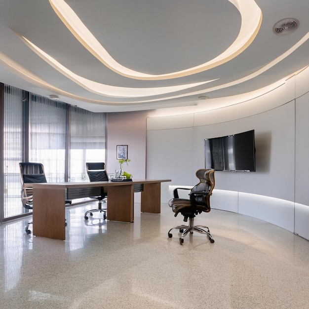 UltraLuxurious Small MD Office Interior with Fluidic Architecture Seamless Micro Cement Flooring and Curved False Ceiling