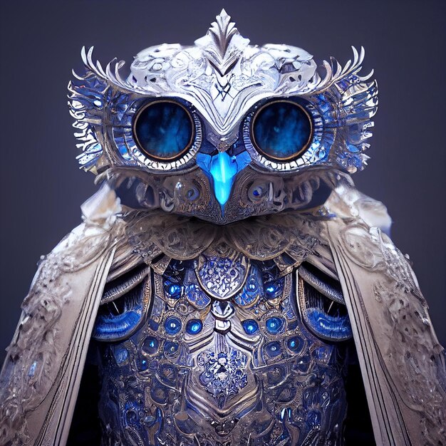 Ultramarine Crystal Ice Owl Warrior and Knight with Helmet and Intricate Armor