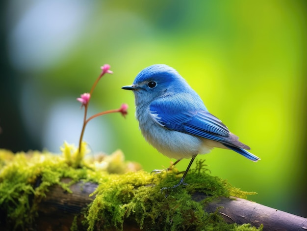 Ultramarine Flycatcher sitting on a branch against a green background