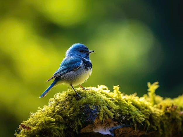 Ultramarine Flycatcher sitting on a branch against a green background