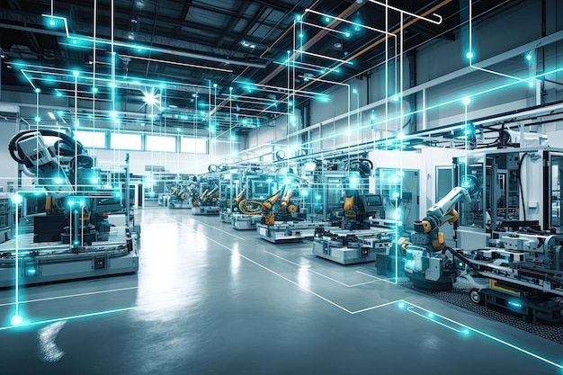 Ultramodern factory that embodies the concept of Industry 40 showcasing the integration of advanced technologies to optimize efficiency and sustainability Created using Generative AI