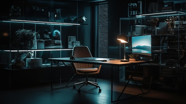 Ultramodern workspace with glass table and desk hightech