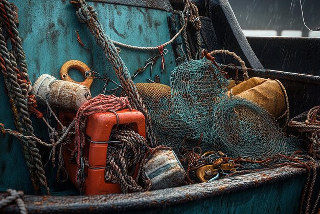 Photo ultrarealistic closeup of various commercial fishing gear