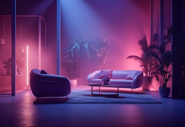 Ultrarealistic foggy room smooth metallic furniture and decor pastel neon lights