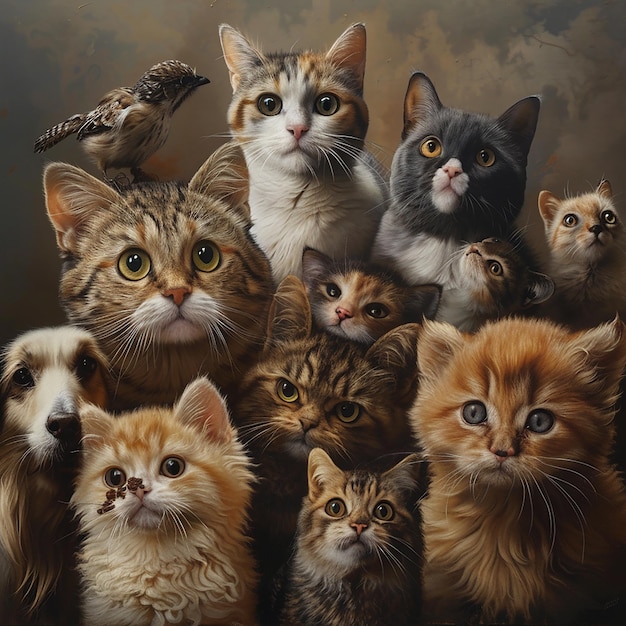 Ultrarealistic group photo of multiple cute animals capturing their adorable essence in exquisite