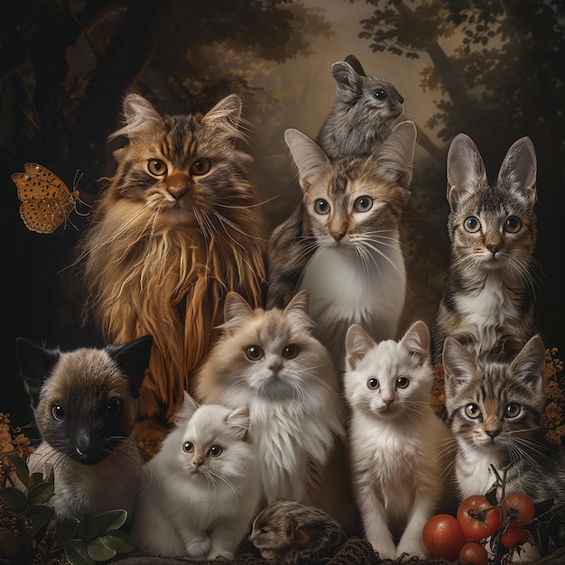 Ultrarealistic group photo of multiple cute animals capturing their adorable essence in exquisite