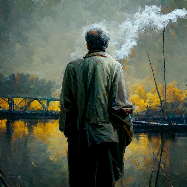 Ultrarealistic man with cigarette and his thoughts lake