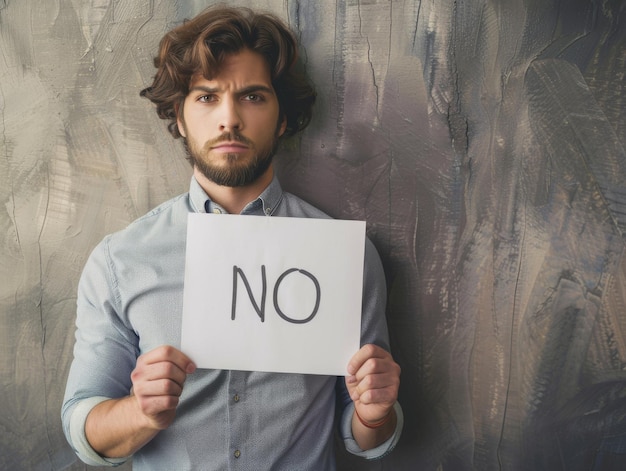 Photo ultrarealistic photograph of a man holding banner with text no