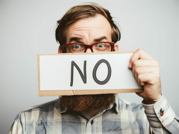 Photo ultrarealistic photograph of a man holding banner with text no