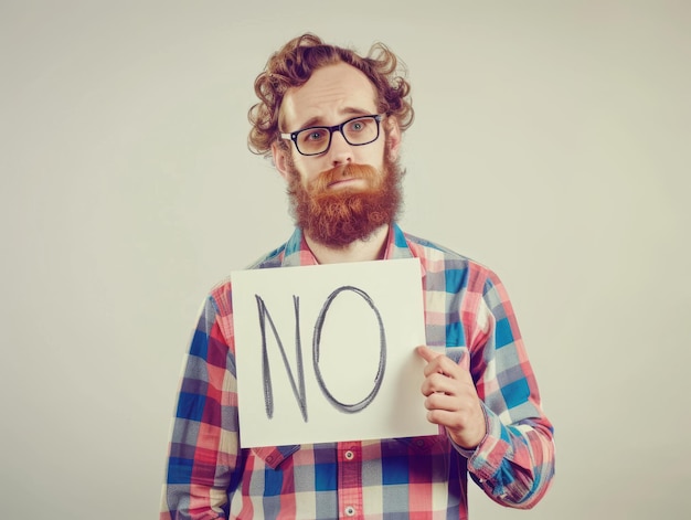 Photo ultrarealistic photograph of a man holding banner with text no