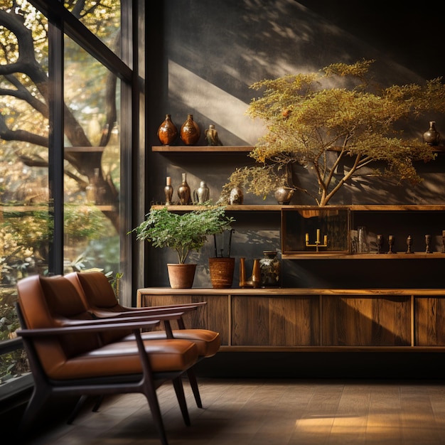 ultrarealistic photograph of minimalist modern natural shou sugi ban cottage interior with moody