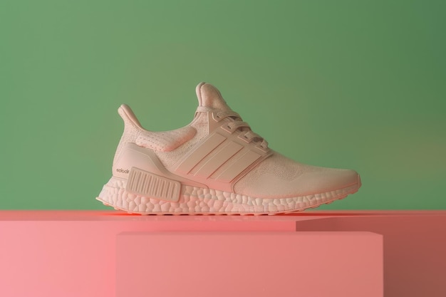 ultrarealistic photograph of a sneakers on a pastel pink surface against a pastel green background