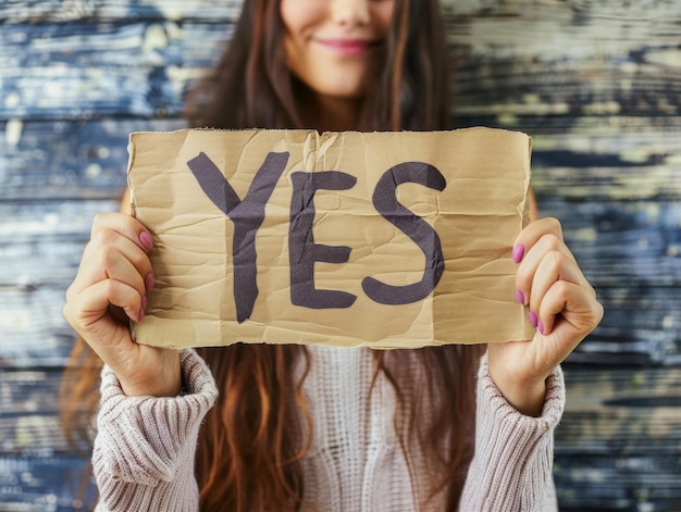 Photo ultrarealistic photograph of a woman holding banner with text yes