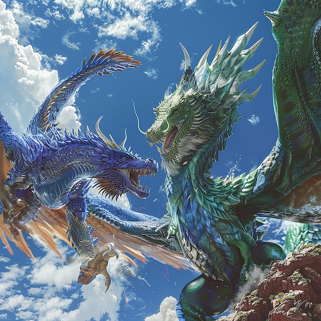 Photo ultrarealistic photographlike image capturing a colossal battle between qinglong the blue azure d