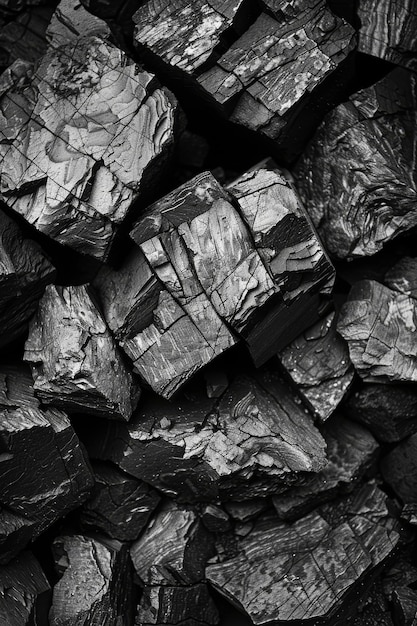 Ultrasharp photo capturing intricate details of coal textures in black and white High contrast