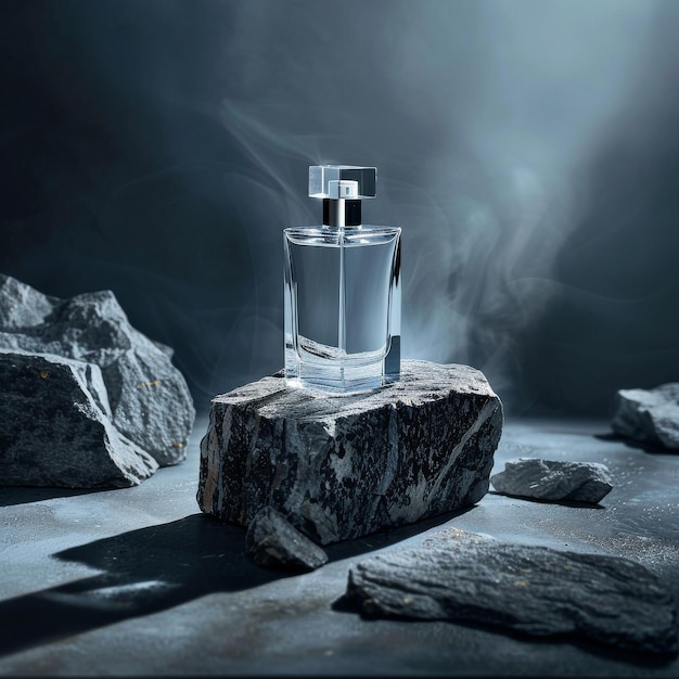 Ultrasharp photo depicting a luxurious glass or crystal perfume bottle placed on a stone platform