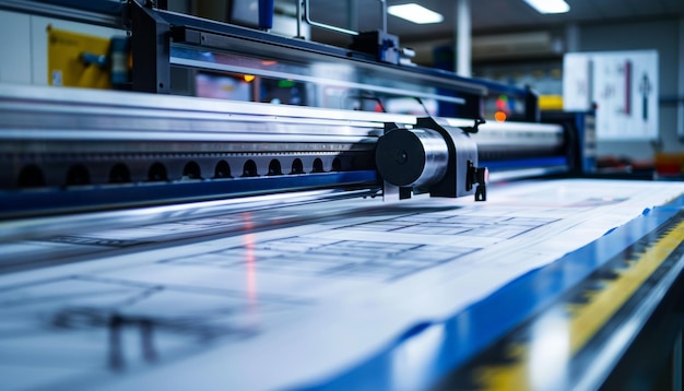 Ultrasharp photo depicting a professional large format plotter at an engineering office producing