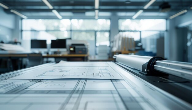 Ultrasharp photo depicting a professional large format plotter at an engineering office producing