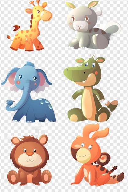 Photo ultrasharp photo displaying cartoon animal toys cutouts each isolated on a transparent png