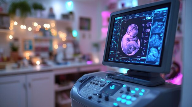 Photo ultrasound machine displaying a fetal image in a cozy room