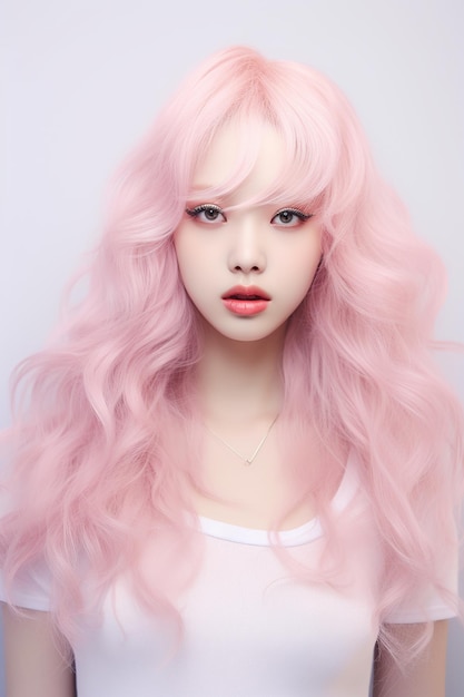 Ulzzang Japanese girl with long pink hair and white blouse