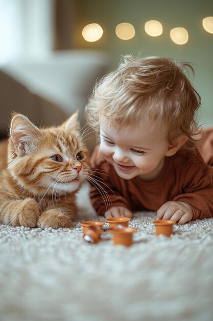 um gatinho e um bebe feliz no chao de uma cozinha bem iluminada O gato esta observando o bebe fingir