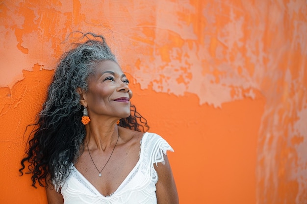 Uma mulher Negra com um vestido branco with a orange background behind her