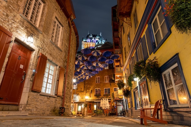 Umbrella Alley Quebec City Old Town street view in autumn night Canada