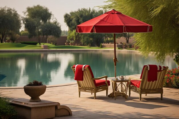 Umbrella and chair around beautiful luxury swimming pool