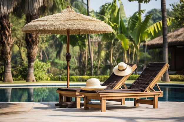 Umbrella and chair around beautiful luxury swimming pool