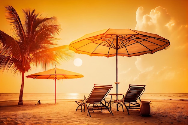 Umbrella and chair on the beautiful tropical beach and sea at sunset time Generative AI