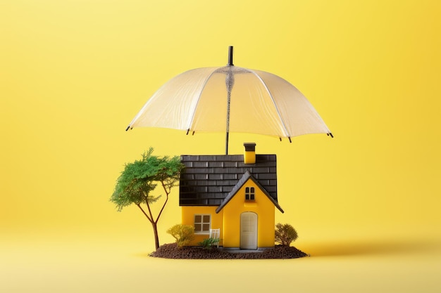 Umbrella covering house miniature on yellow background home insurance concept AI