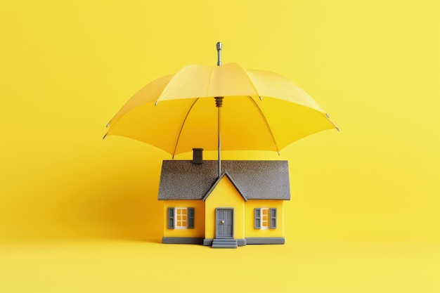 Umbrella covering house miniature on yellow background home insurance concept AI