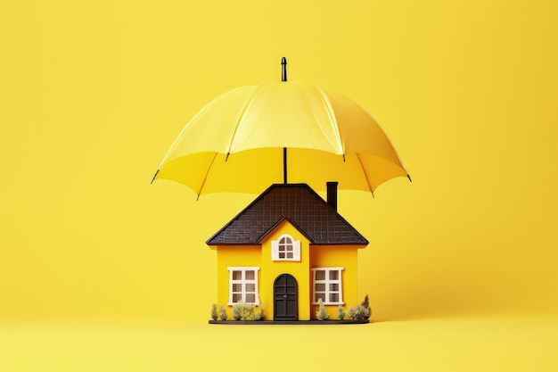 Umbrella covering house miniature on yellow background home insurance concept AI