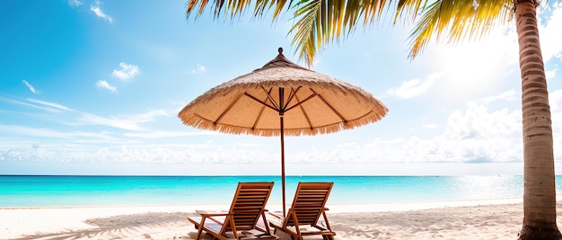 Umbrella and deck chair under a palm tree on the beach of a tropical island with an azure sea