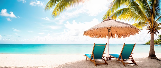 Umbrella and deck chair under a palm tree on the beach of a tropical island with an azure sea