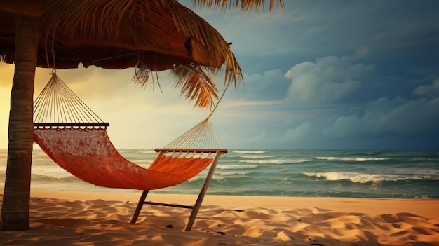 Umbrella and hammock on the shore at the beach