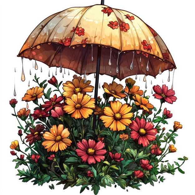 Umbrella Sheltering Flowers in the Rain