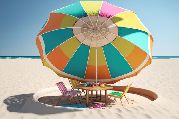 Umbrella with chairs inflatable ring on beach AI Generationa