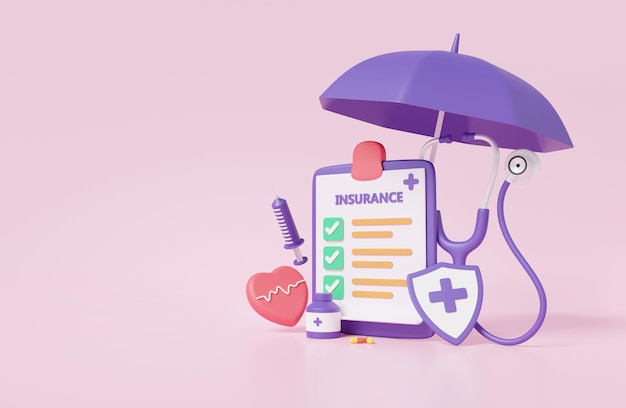 Umbrella with clipboard paper health checkup heartbeat drug medical doctor concept Diagnosis protection insurance report information service healthcare checkmark on pink background 3d rendering